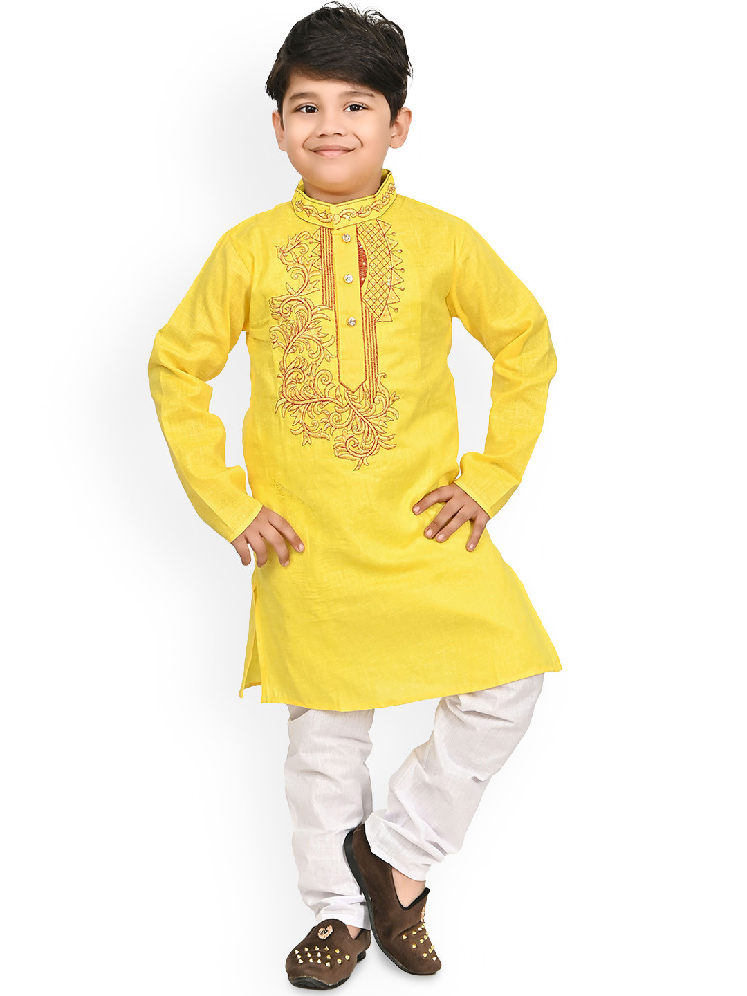 

BAESD Boys Floral Embroidered Thread Work Straight Kurta with Pyjamas, Yellow