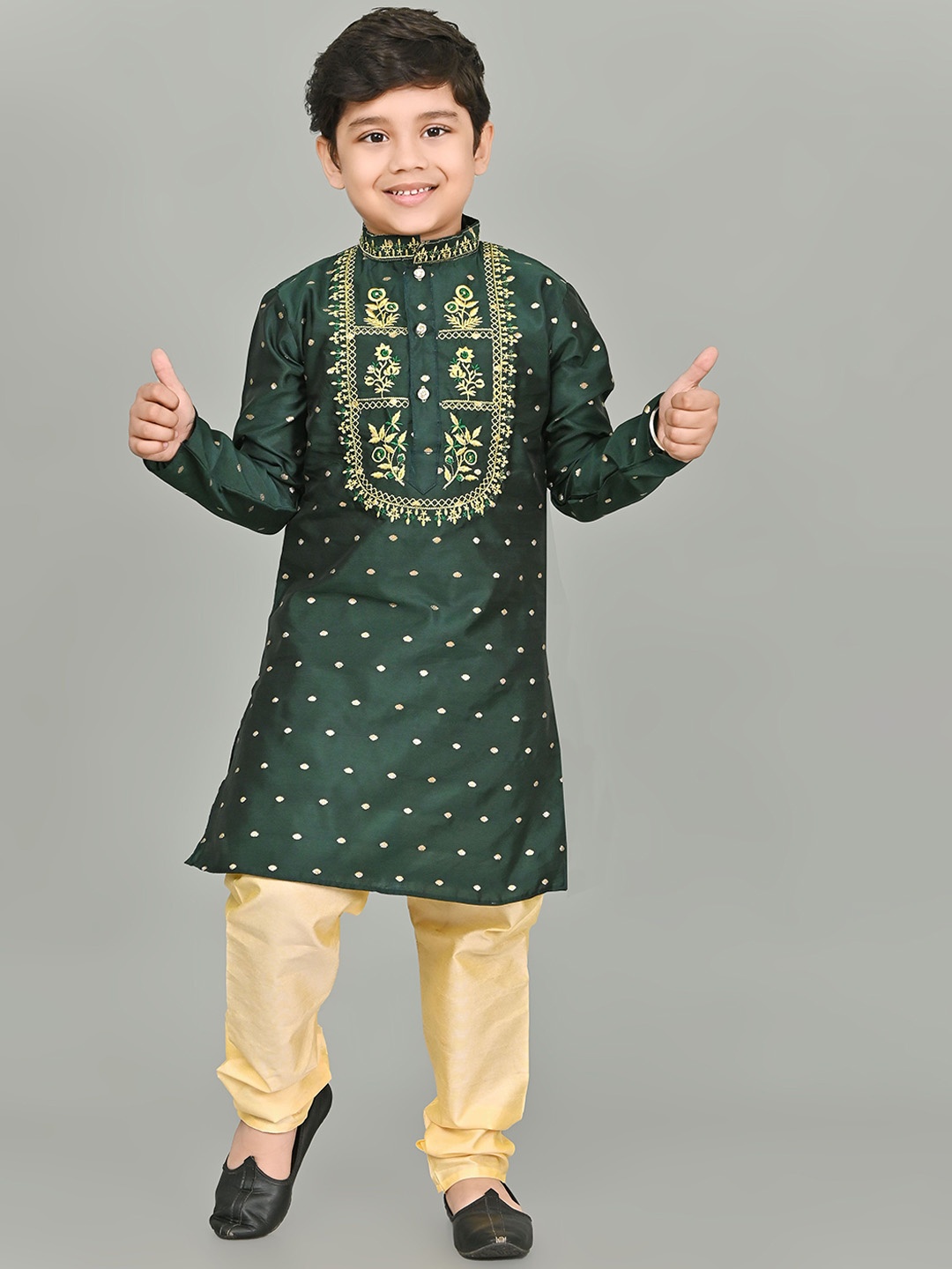 

BAESD Boys Ethnic Motifs Embroidered Straight Dupion Silk Kurta with Pyjamas, Green