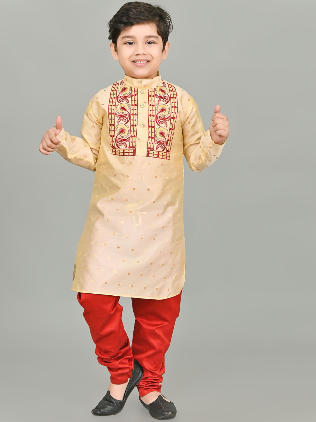 

BAESD Boys Floral Embroidered Straight Thread Work Dupion Silk Kurta with Pyjamas, Beige