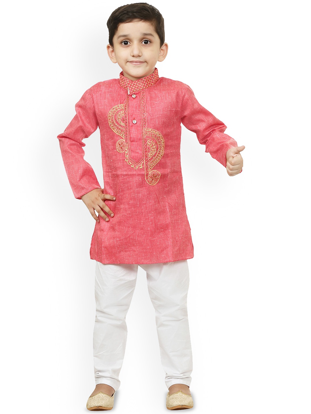 

BAESD Boys Ethnic Motifs Embroidered Straight Thread Work Kurta with Pyjamas, Coral