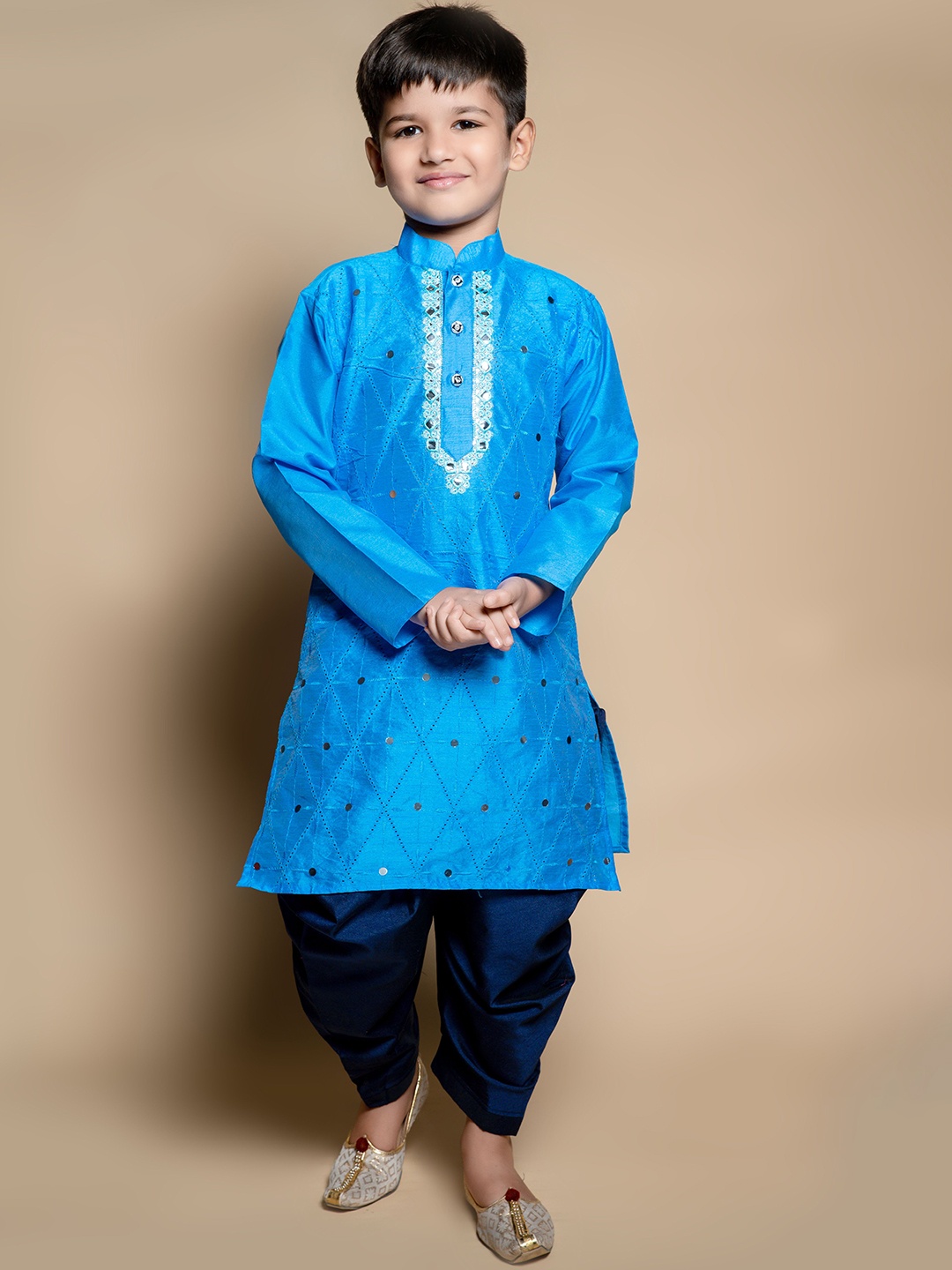 

BAESD Boys Embroidered Mirror Work Straight Dupion Silk Kurta with Patiala, Blue