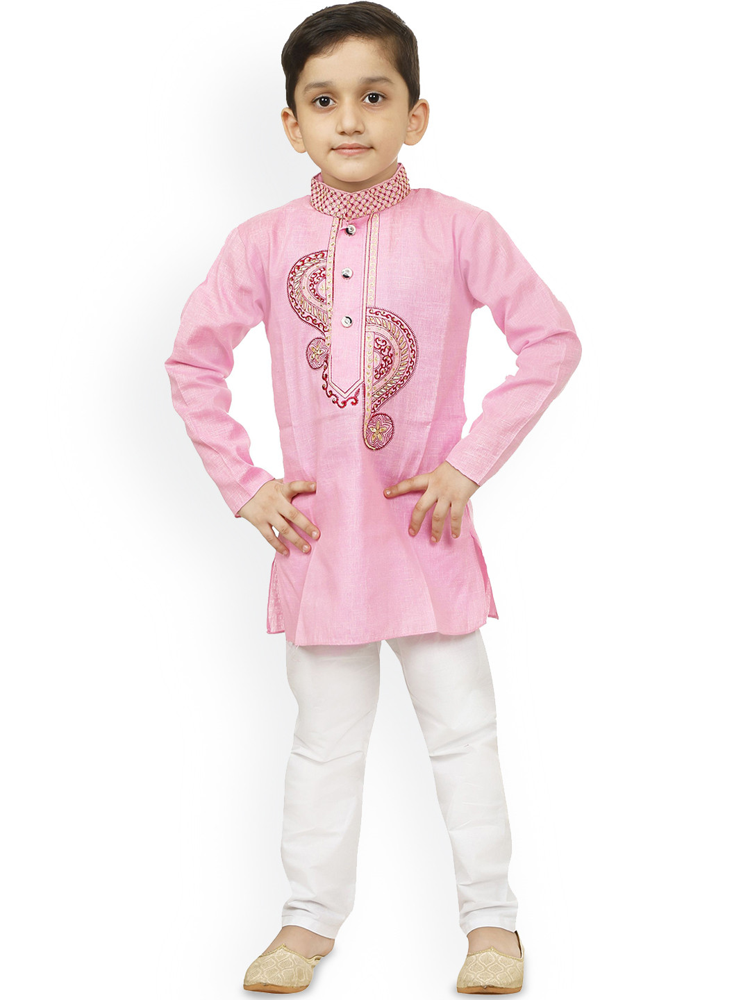 

BAESD Boys Embroidered Thread Work Straight Cotton Kurta With Pyjamas, Pink