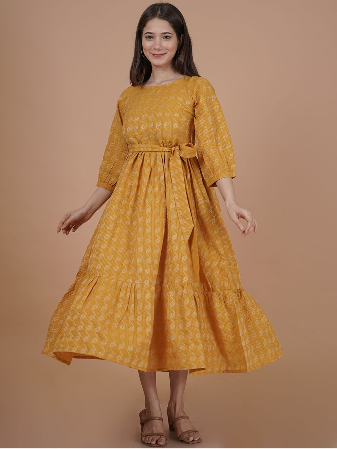 

INDIANIC Geometric Printed Gathered Cotton A-Line Midi Dress, Mustard
