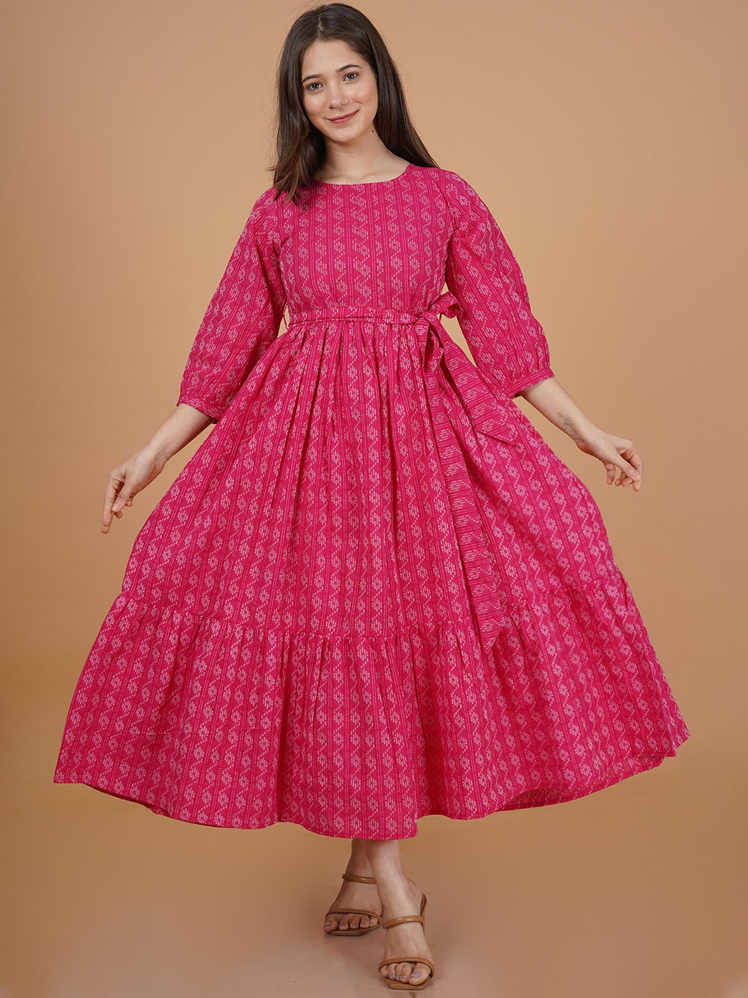 

INDIANIC Ethnic Motifs Woven Design Puff Sleeves Belted Detail Anarkali Kurta, Pink