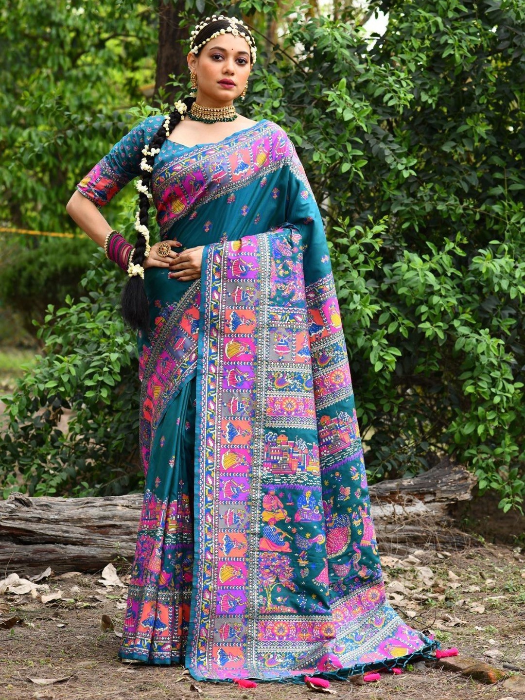 

MySilkLove Ethnic Motif Woven Design Pashmina Saree, Teal