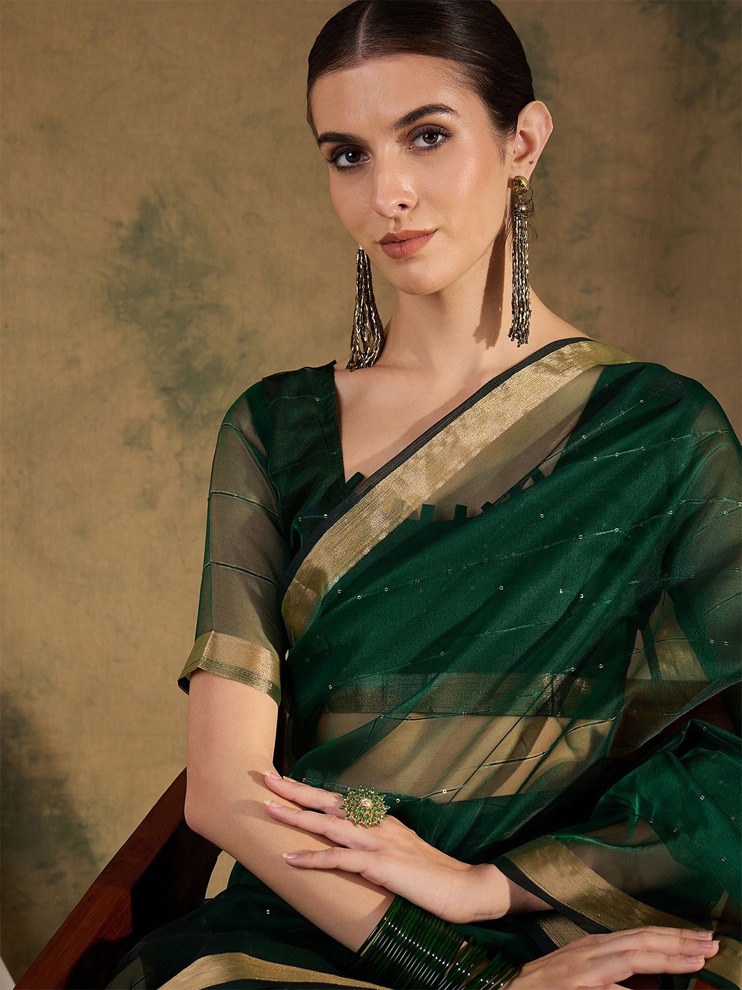 

MySilkLove Embellished Zari Organza Saree, Green