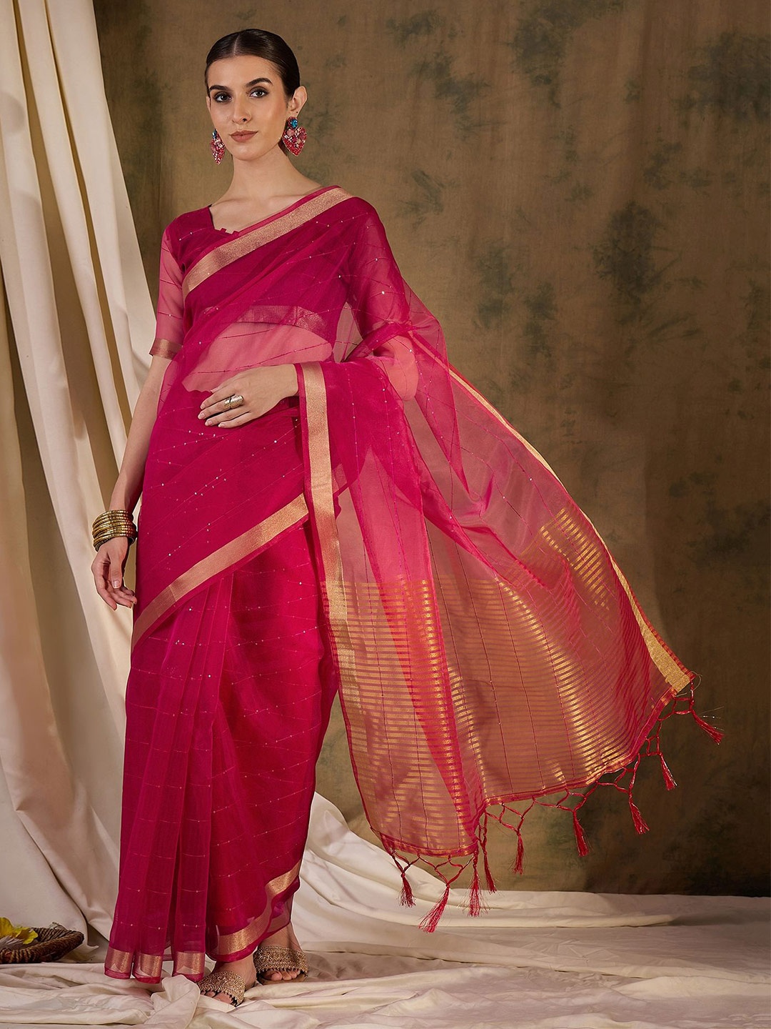 

MySilkLove Embellished Striped Sequinned Organza Saree, Pink