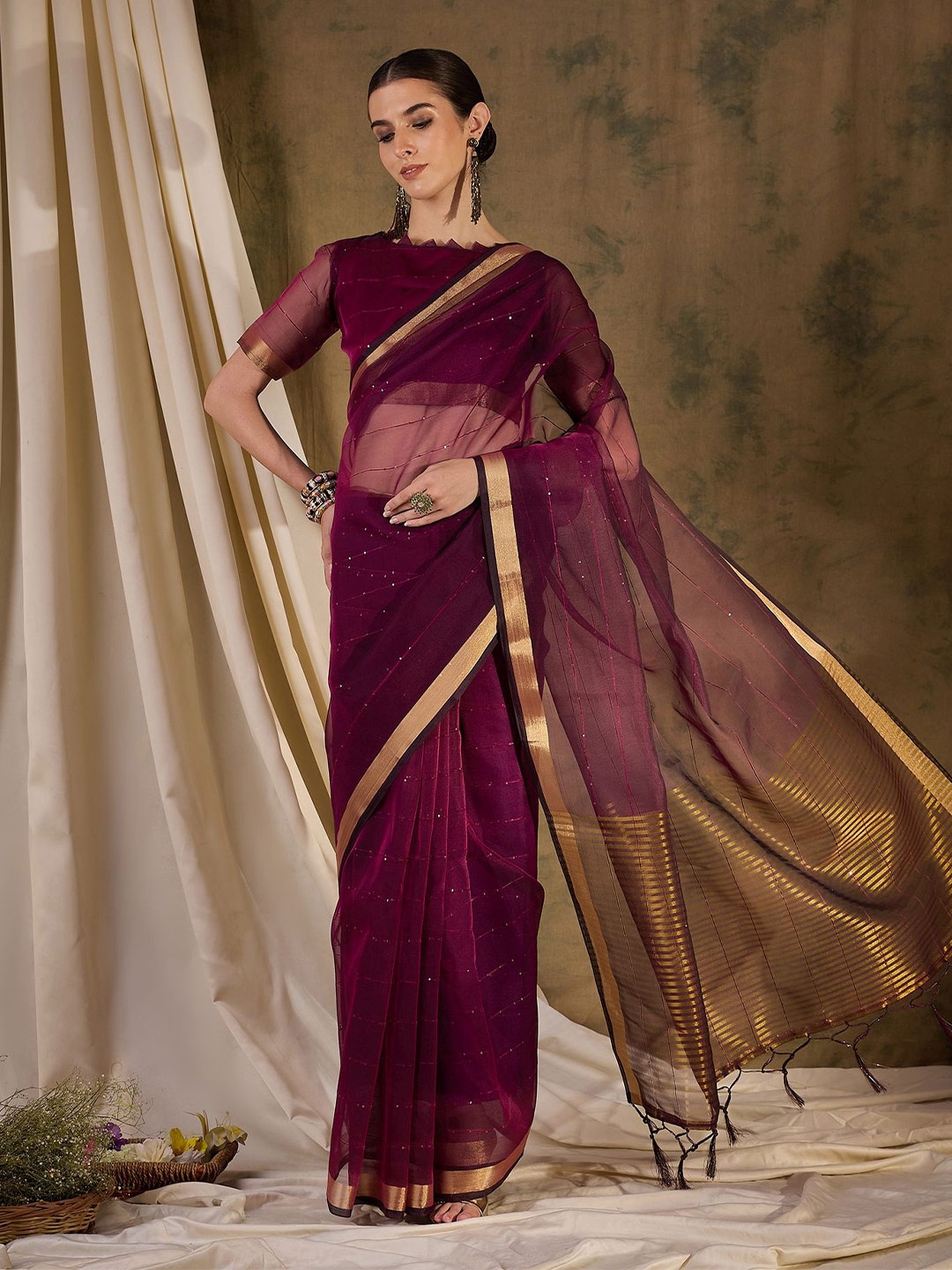 

MySilkLove Embellished Zari Organza Saree, Brown