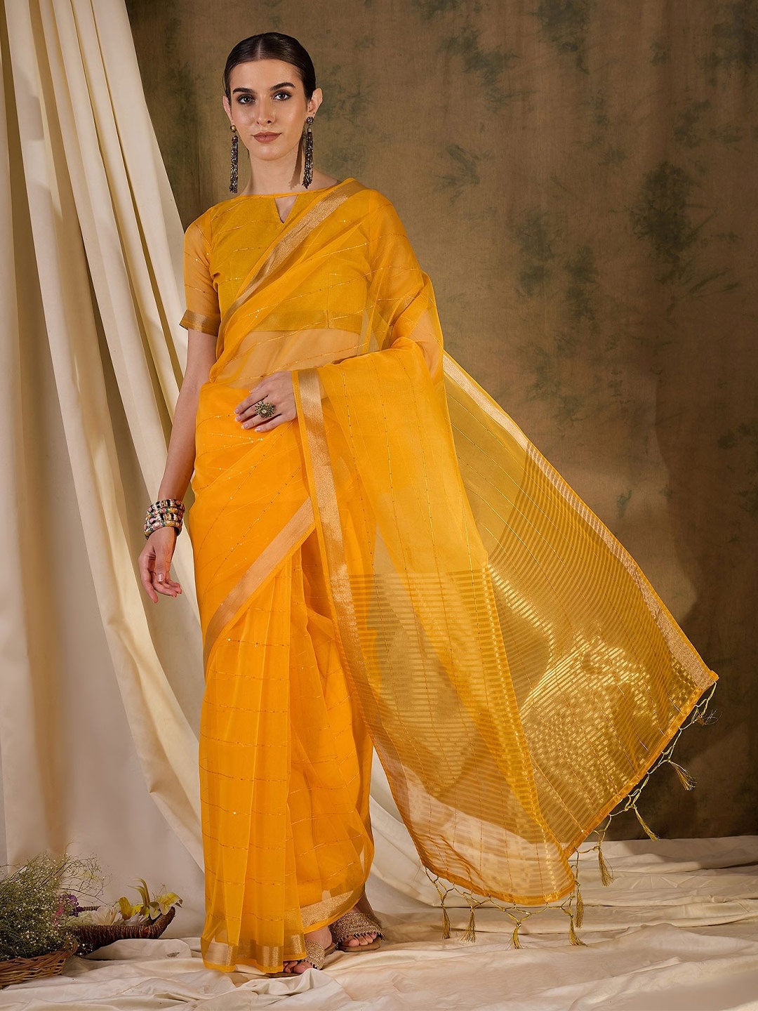 

MySilkLove Zari Woven Sequinned Striped Saree with Blouse, Yellow