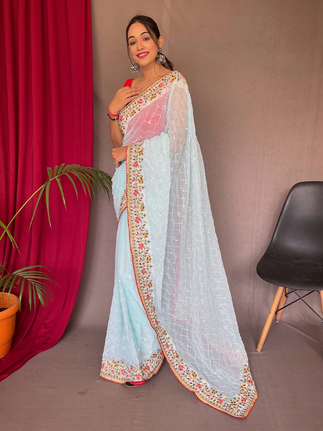 

MySilkLove Embellished Embroidered Pure Georgette Saree, Blue