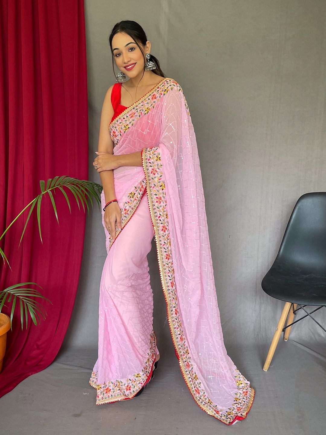 

MySilkLove Embellished Sequinned Embroidered Pure Georgette Saree, Pink