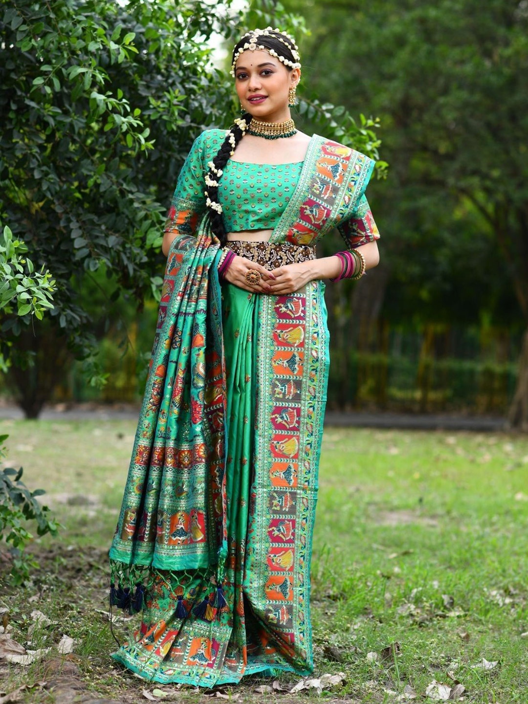 

MySilkLove Ethnic Motifs Woven Designed Pashmina Saree, Green