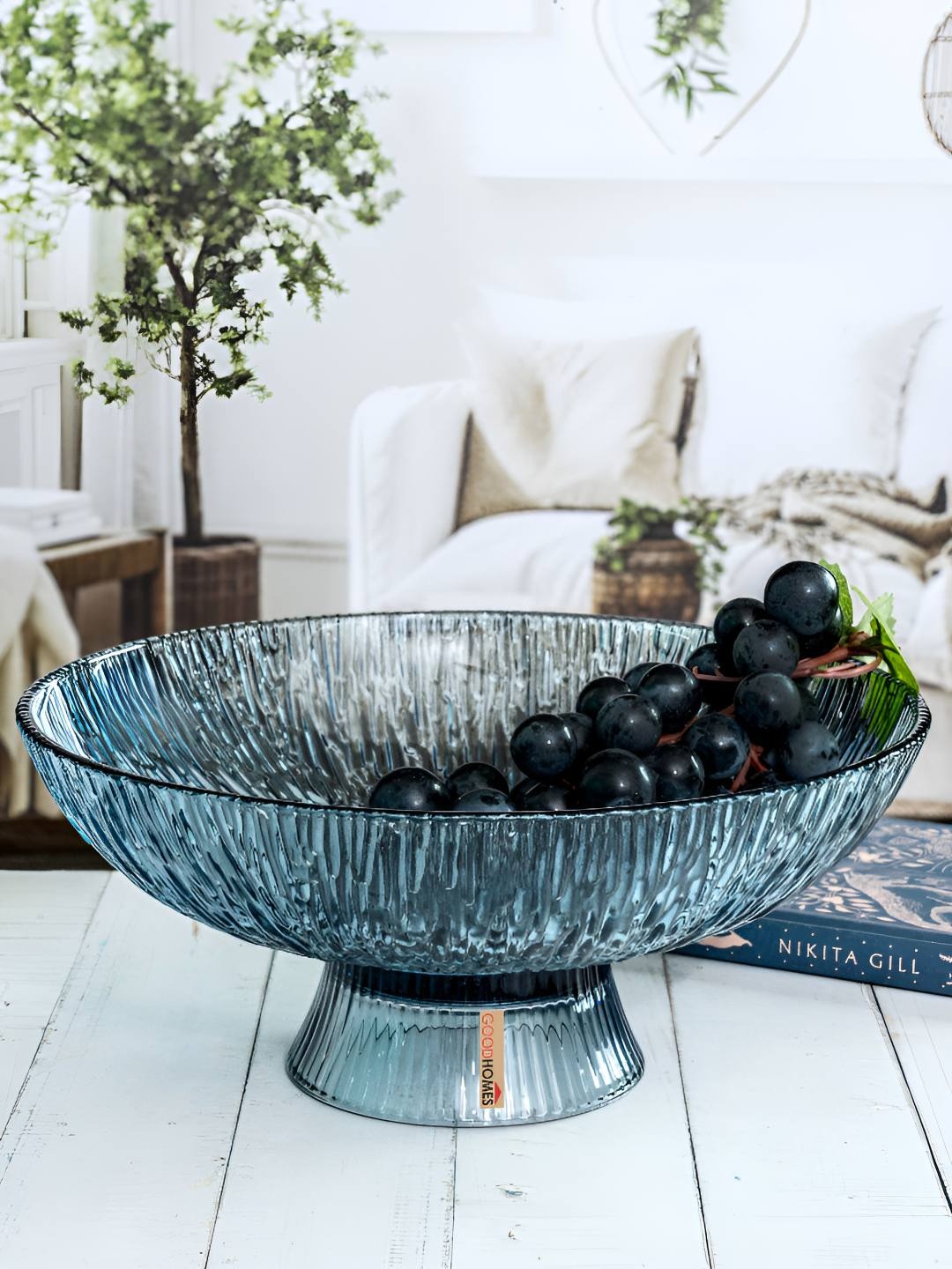 GOODHOMES Grey Printed Smooth Surface Glass Fruit Bowl 1500ml