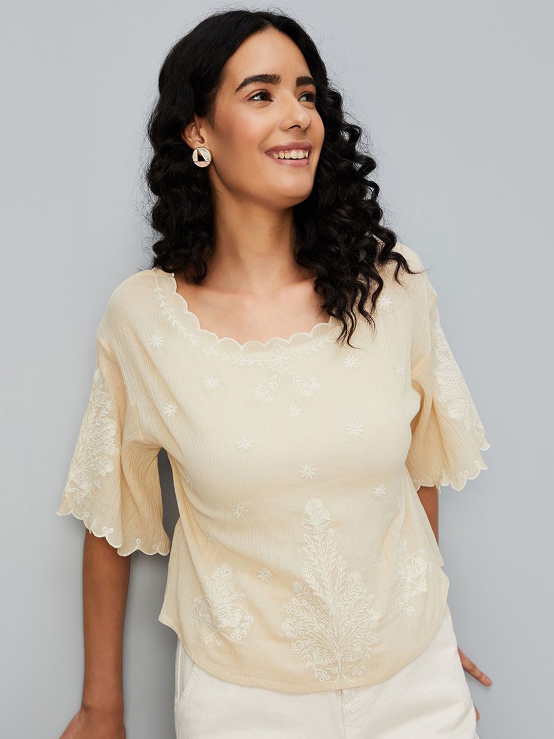 

max Embellished Flared Sleeve Cotton Top, Beige