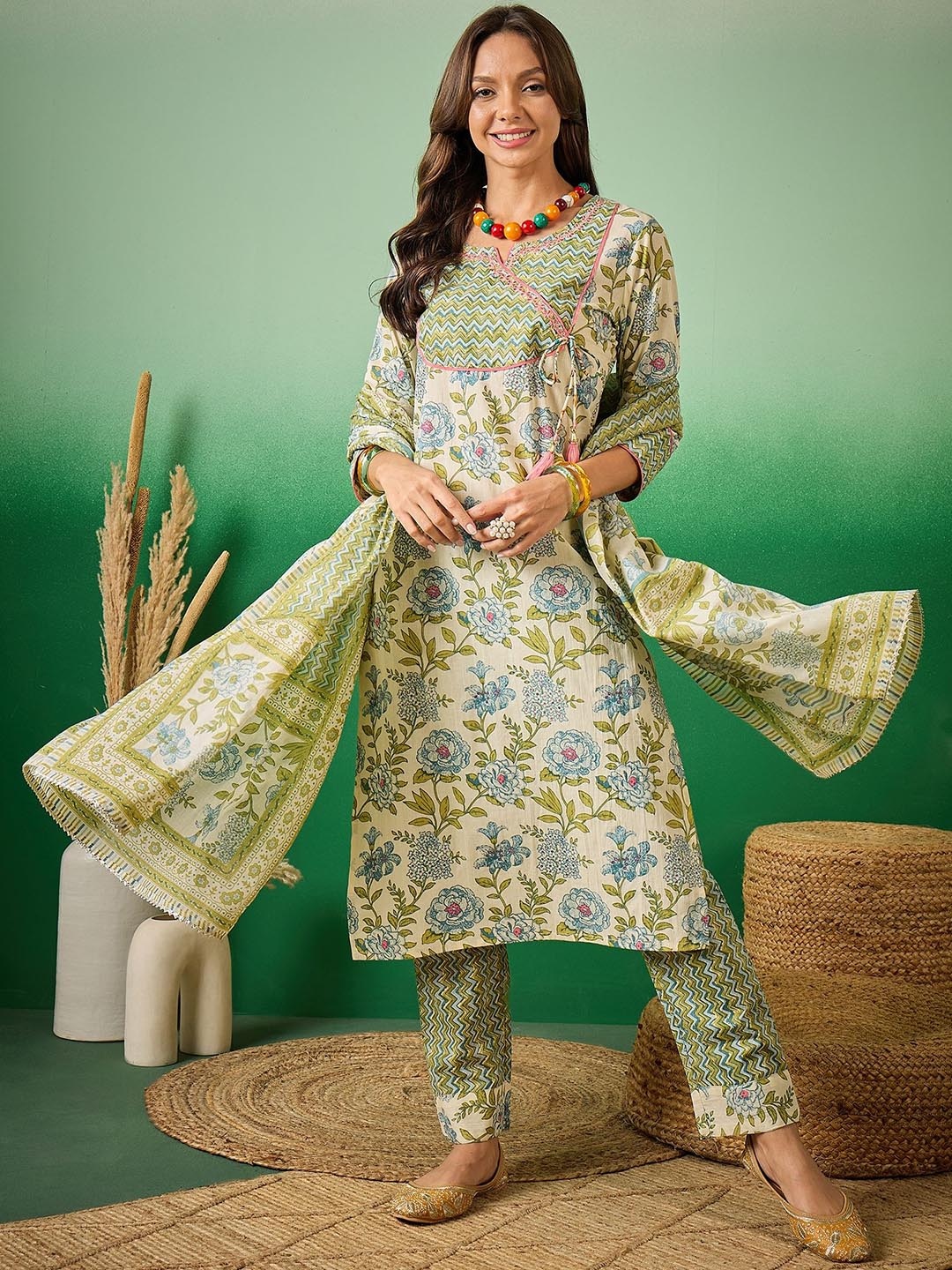 

Sangria Green Printed & Embroidered Pure Cotton Straight Kurta With Trouser & Dupatta Set