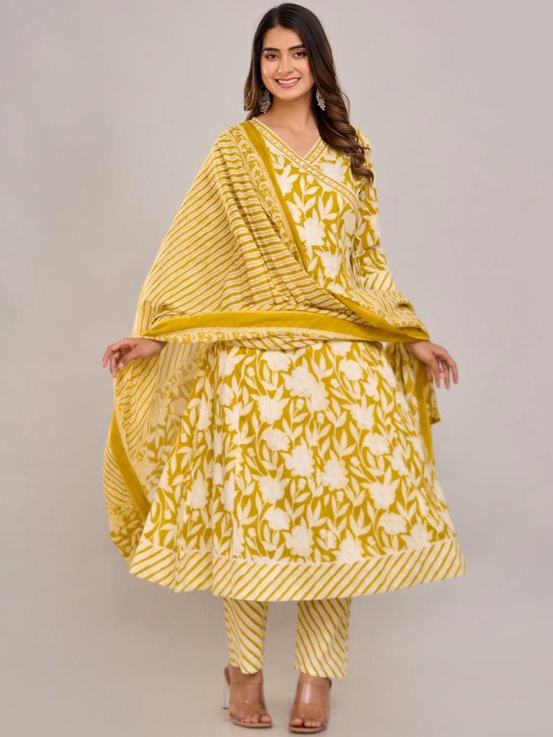 

Jasoriya Floral Printed Pure Cotton Angrakha A-Line Kurta with Trousers & With Dupatta, Mustard