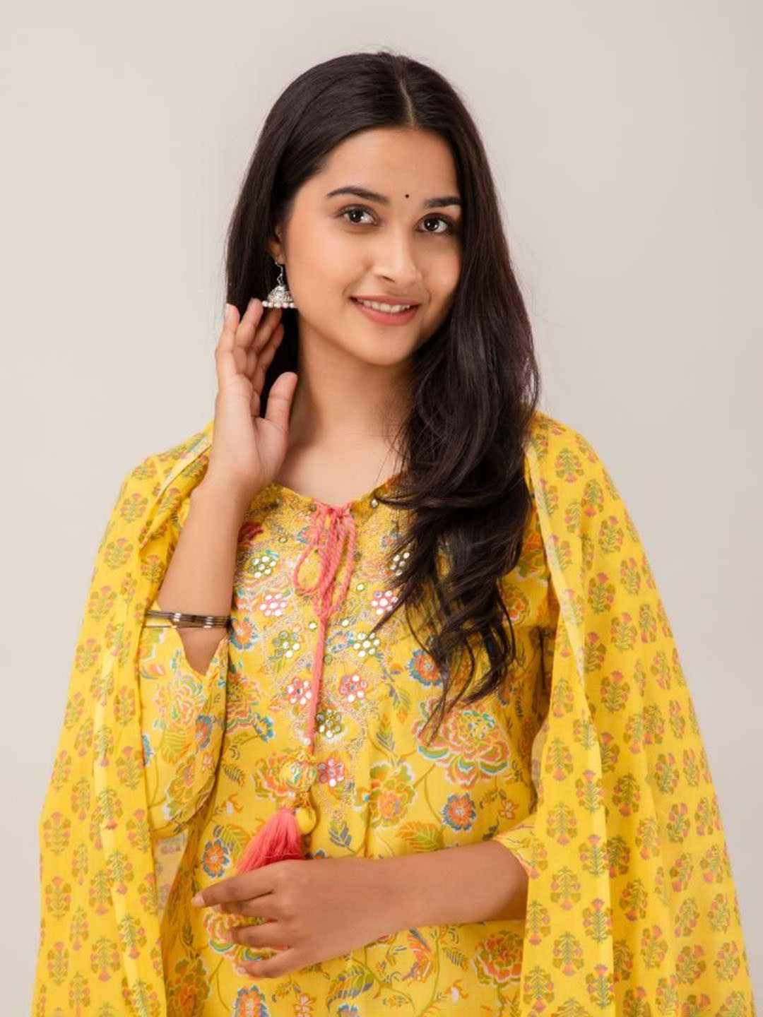 

Jasoriya Floral Printed Pure Cotton Straight Kurta with Trousers & With Dupatta, Mustard