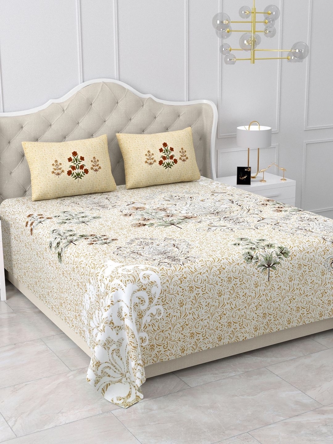 

BELLA CASA Yellow & White Floral Pure Cotton 500 TC King Bedsheet with 2 Pillow Covers