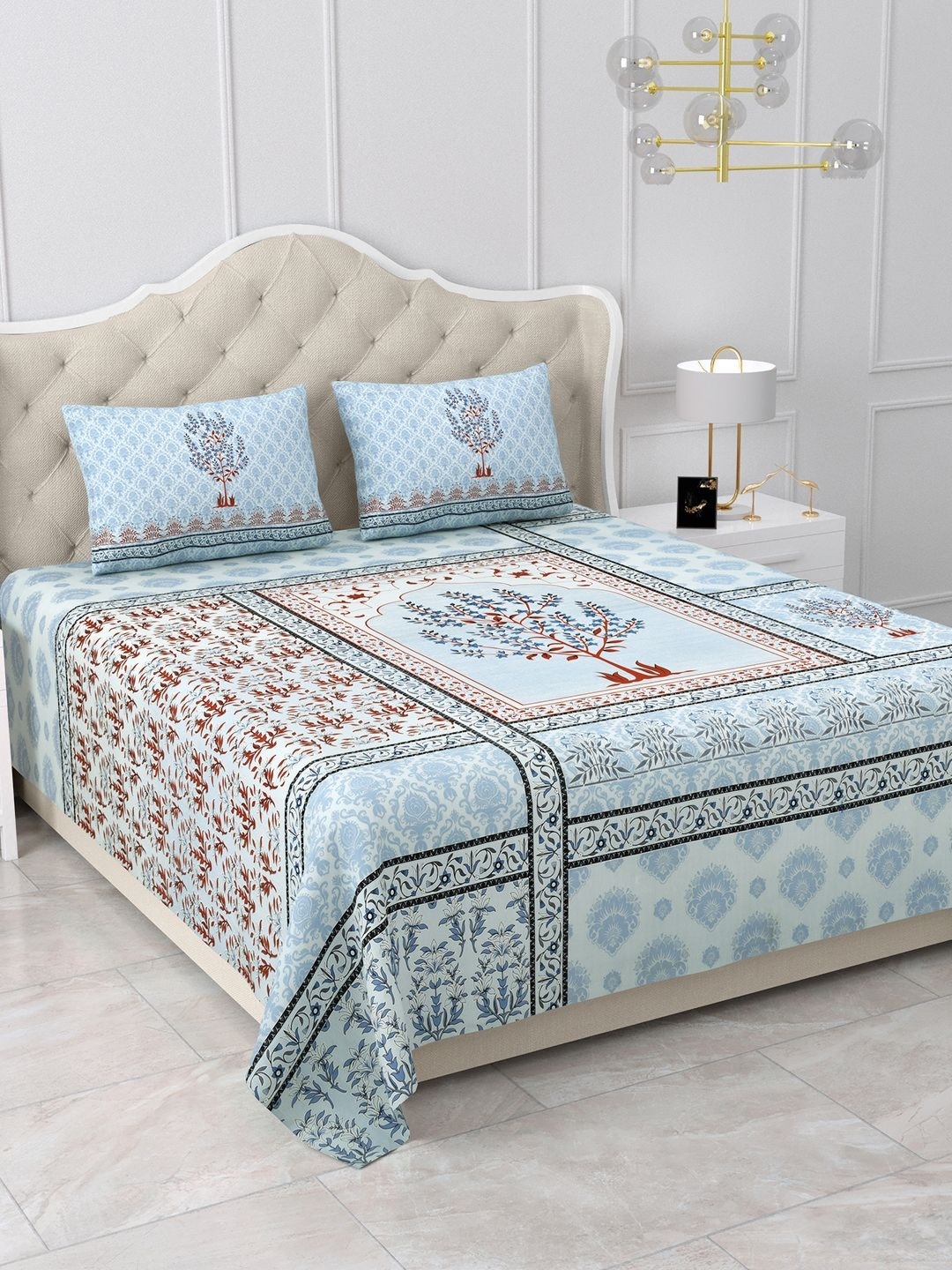 

BELLA CASA Blue & Maroon Floral Pure Cotton 500 TC King Bedsheet with 2 Pillow Covers