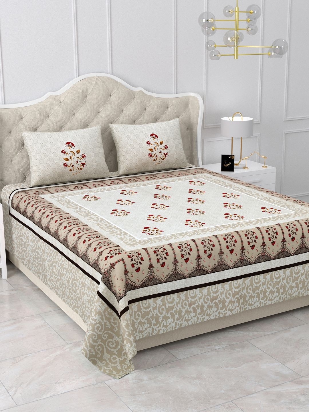 

BELLA CASA Beige & Brown Floral Pure Cotton 500 TC King Bedsheet with 2 Pillow Covers
