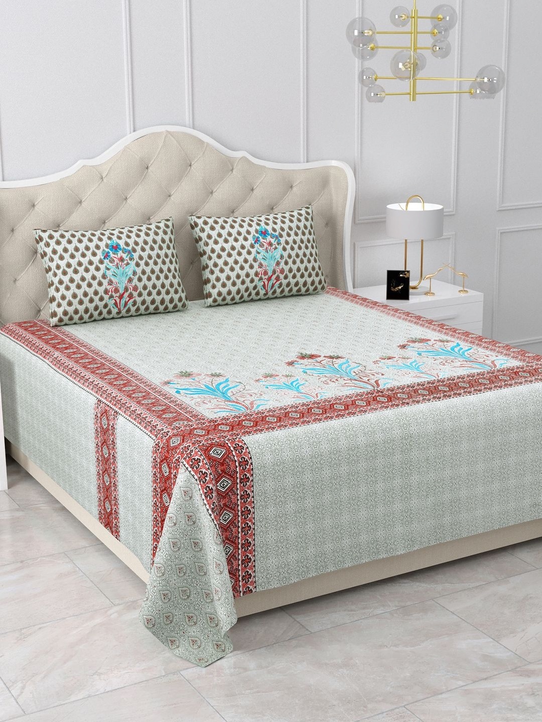 

BELLA CASA Grey & Blue Floral Pure Cotton 500 TC King Bedsheet with 2 Pillow Covers