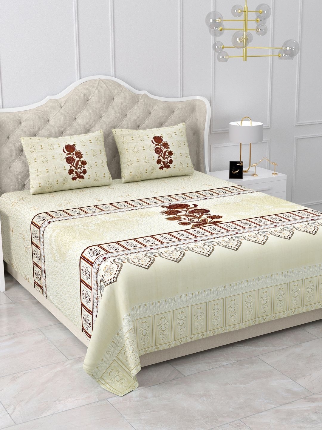 

BELLA CASA Cream-Coloured Floral Pure Cotton 500 TC King Bedsheet with 2 Pillow Covers