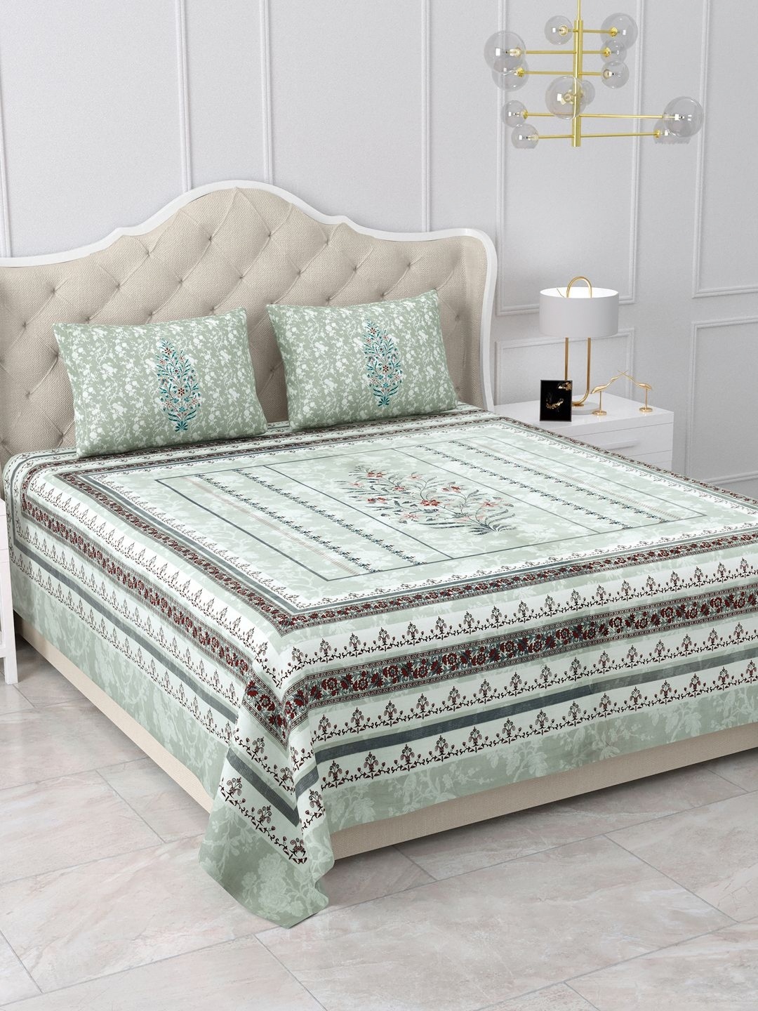 

BELLA CASA Grey & Blue Floral Pure Cotton 500 TC King Bedsheet with 2 Pillow Covers