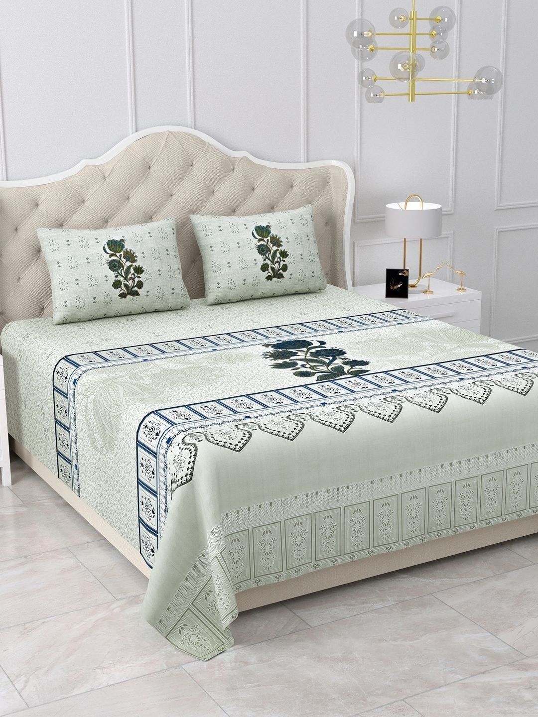 

BELLA CASA Blue & Green Floral Pure Cotton 500 TC King Bedsheet with 2 Pillow Covers