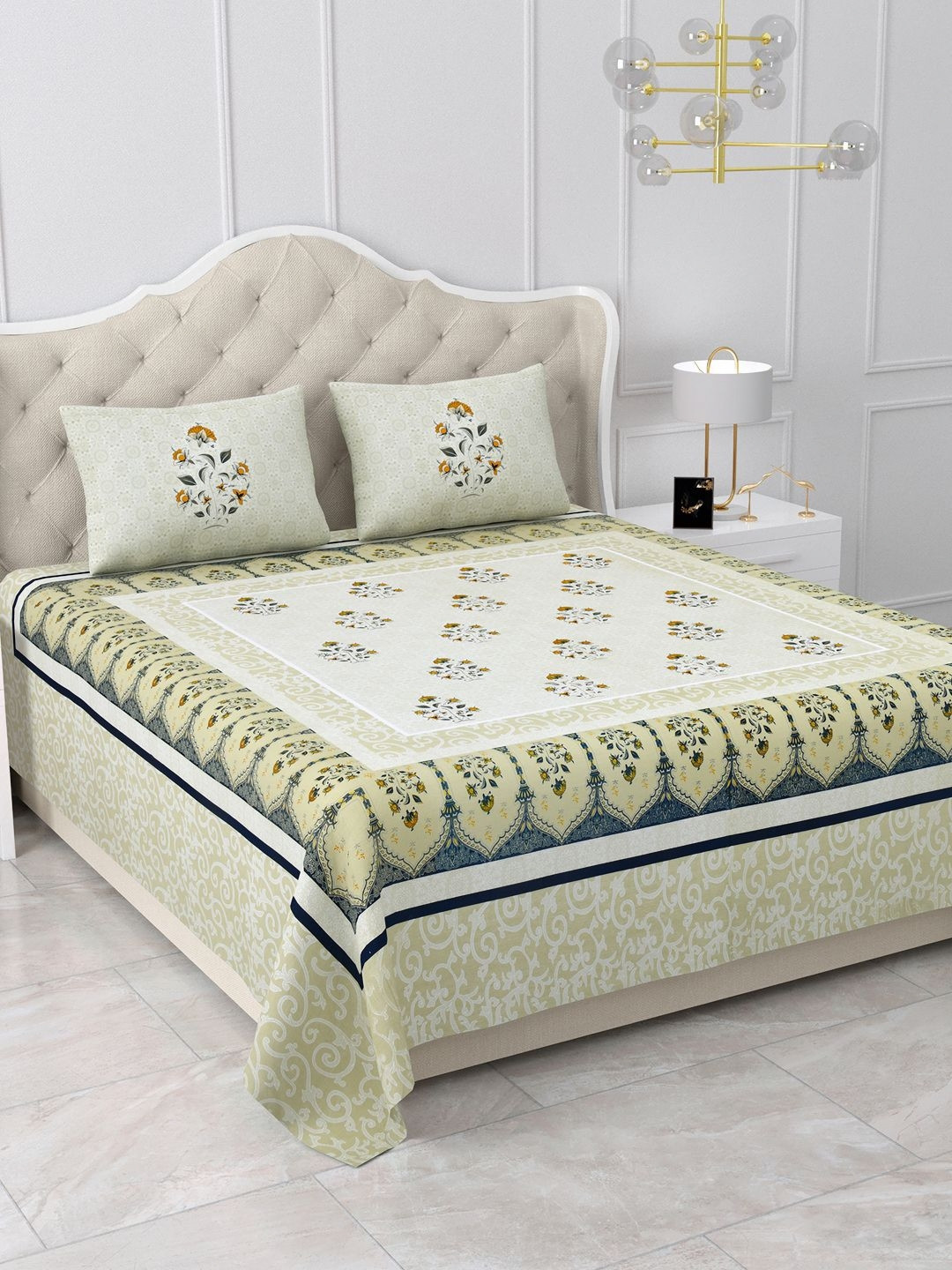 

BELLA CASA Cream-Coloured & Green Floral 500 TC King Bedsheet with 2 Pillow Covers