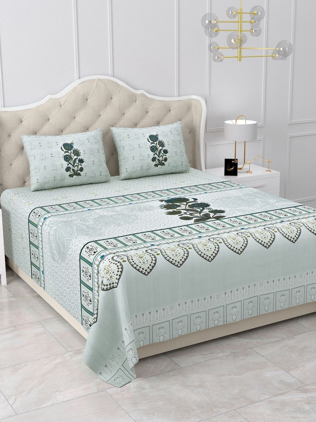 

BELLA CASA Blue & Grey Floral Pure Cotton 500 TC King Bedsheet with 2 Pillow Covers