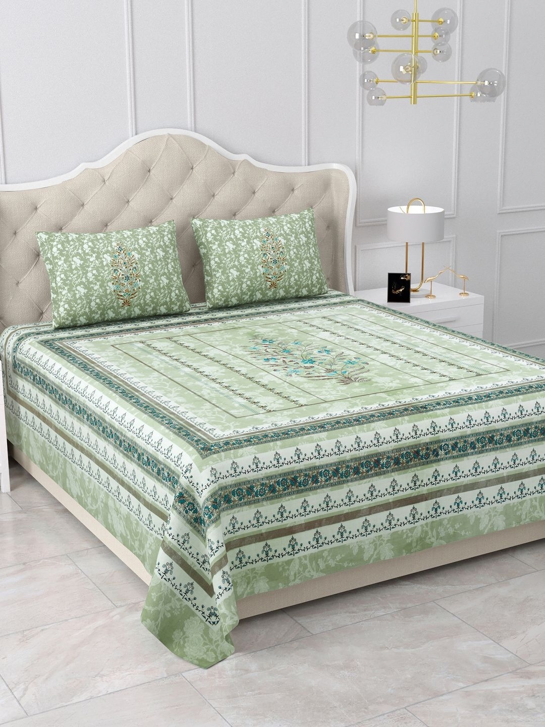 

BELLA CASA Green & Brown Floral Pure Cotton 500 TC King Bedsheet with 2 Pillow Covers