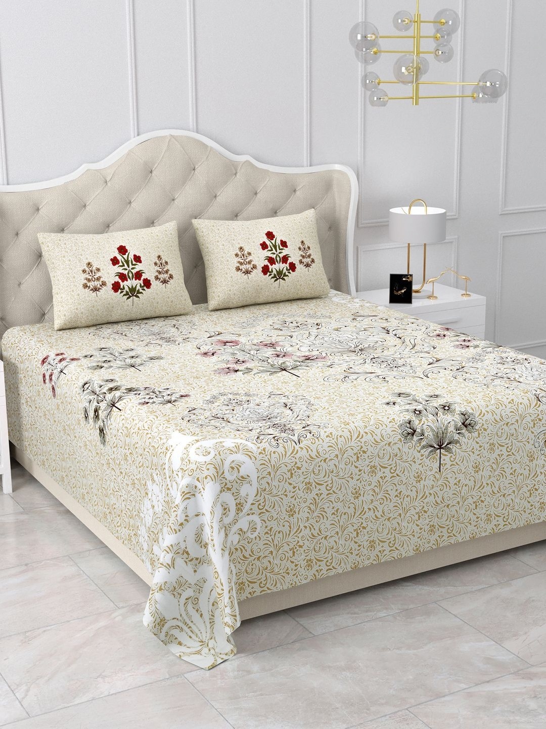 

BELLA CASA Off White & Beige Floral Pure Cotton 500 TC King Bedsheet with 2 Pillow Covers