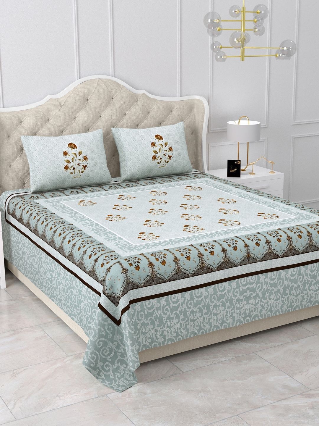 

BELLA CASA Grey Floral Printed Pure Cotton 500 TC King Bedsheet with 2 Pillow Covers