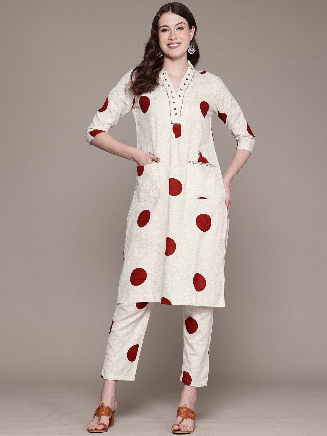 Readiprint Printed V-Neck Pure Cotton Tunic With Trouser, Off white