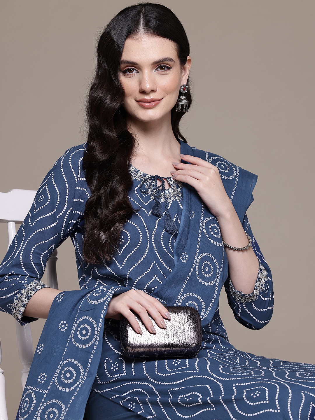 

Readiprint Bandhani Printed Mirror Work Pure Cotton Kurta With Trousers & Dupatta, Navy blue