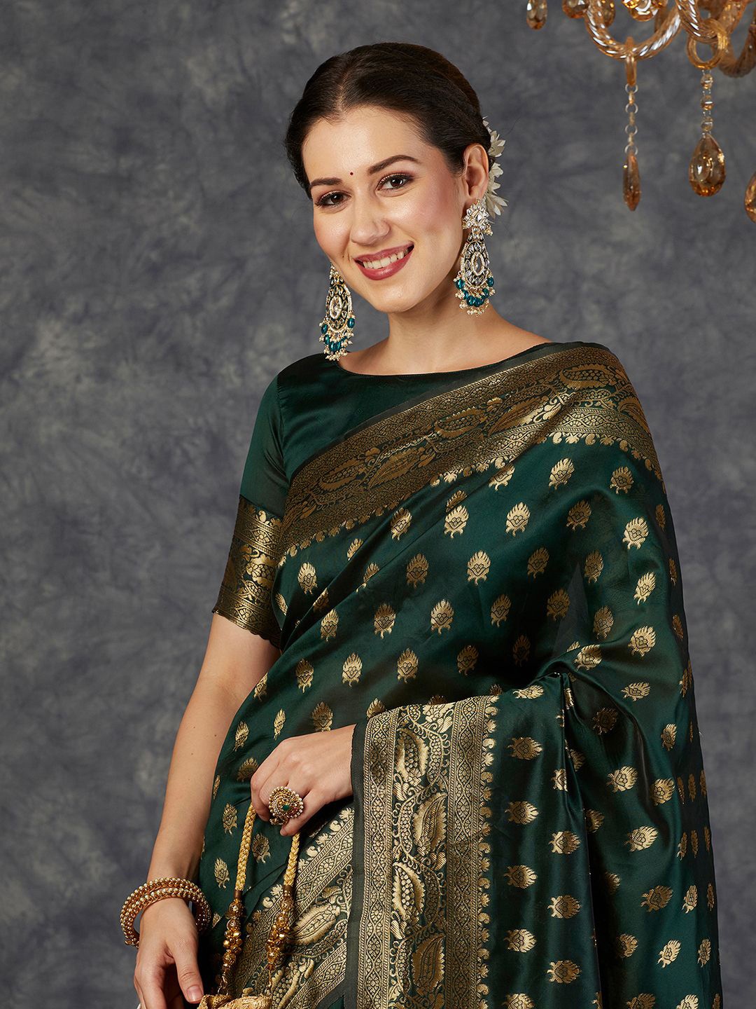 

KALINI Ethnic Motifs Zari Banarasi Saree, Green