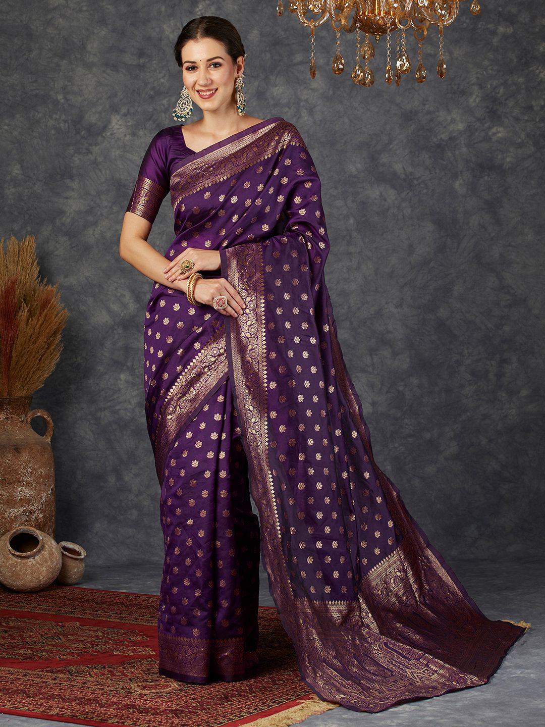 

KALINI Ethnic Motifs Woven Designed Zari Banarasi Saree, Purple