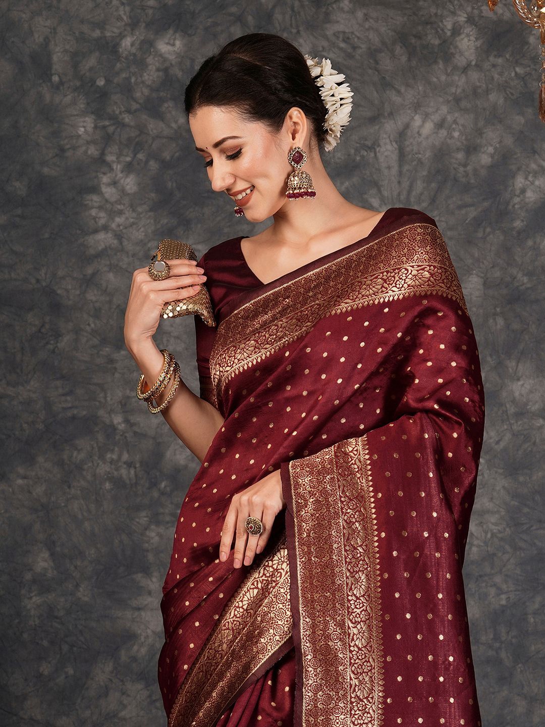 

KALINI Ethnic Motifs Woven Design Zari Banarasi Saree, Maroon