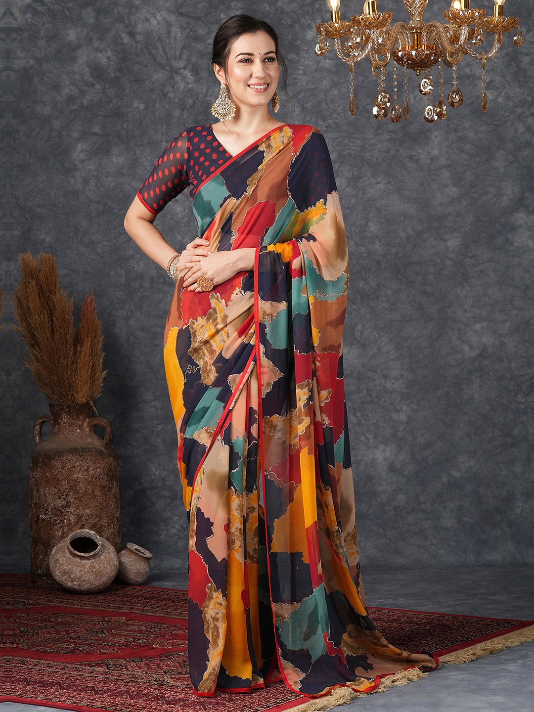 

KALINI Abstract Printed Pure Georgette Bagh Saree, Red