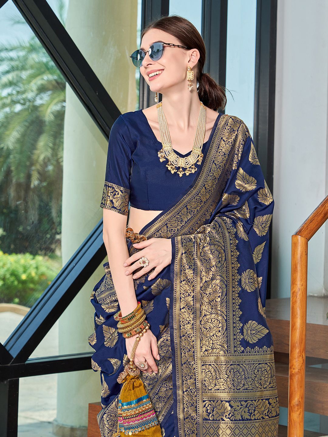 

KALINI Ethnic Motifs Zari Banarasi Saree, Navy blue