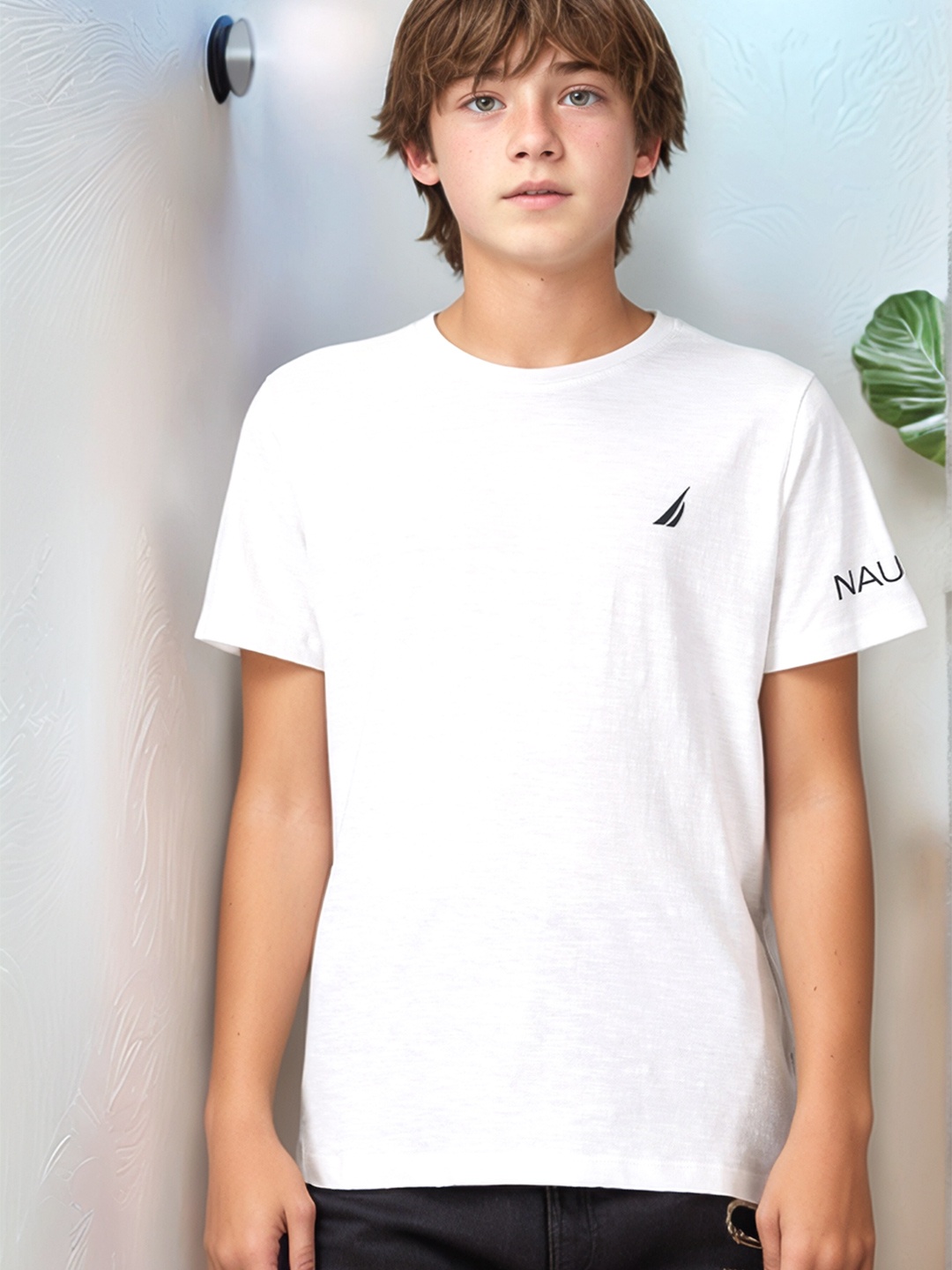 

Nautica Boys Solid Printed Round Neck Cotton T-Shirt, White