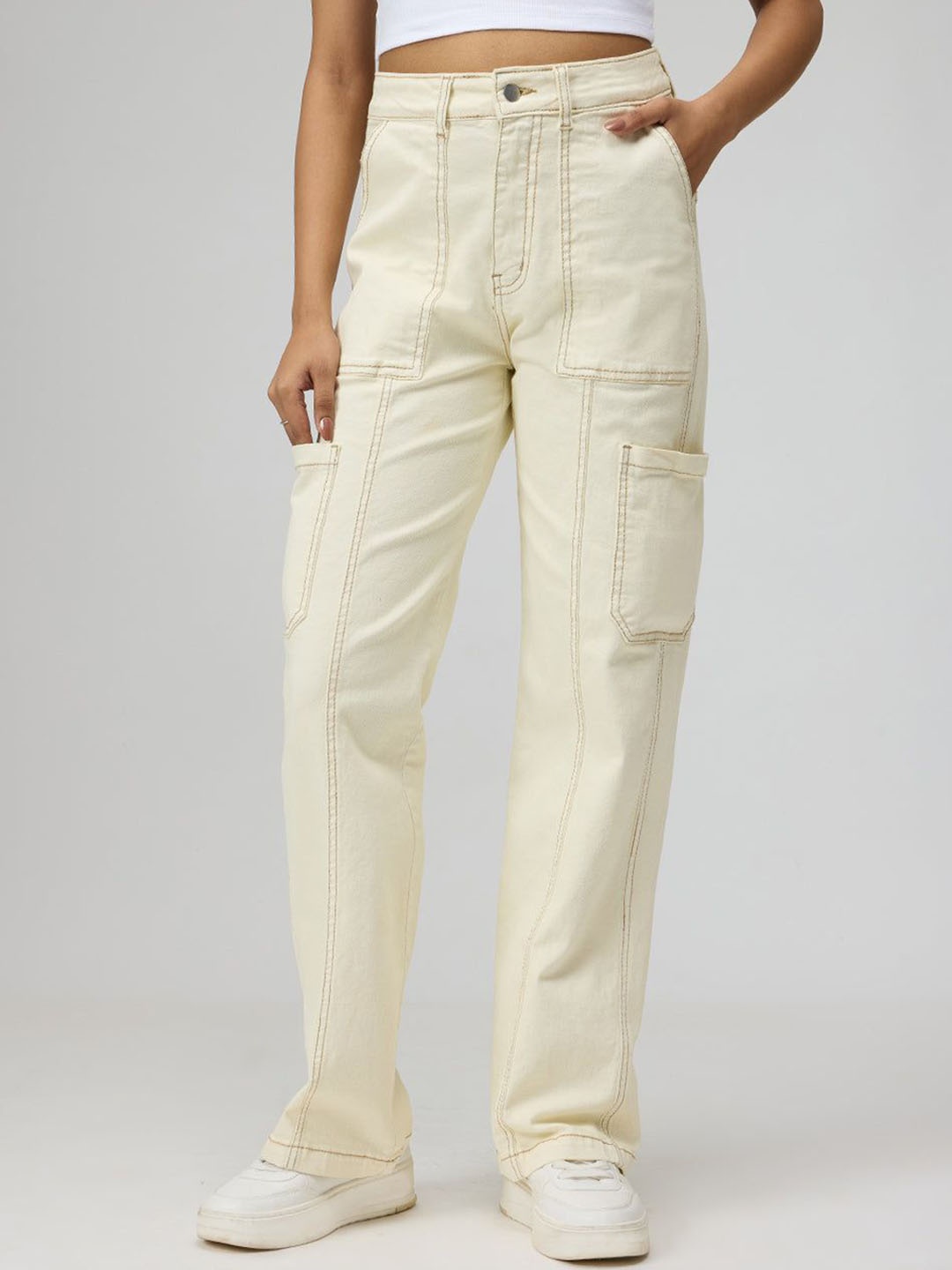 

FREAKINS Women Straight Fit High Rise Stretchable Cargo Jeans, White