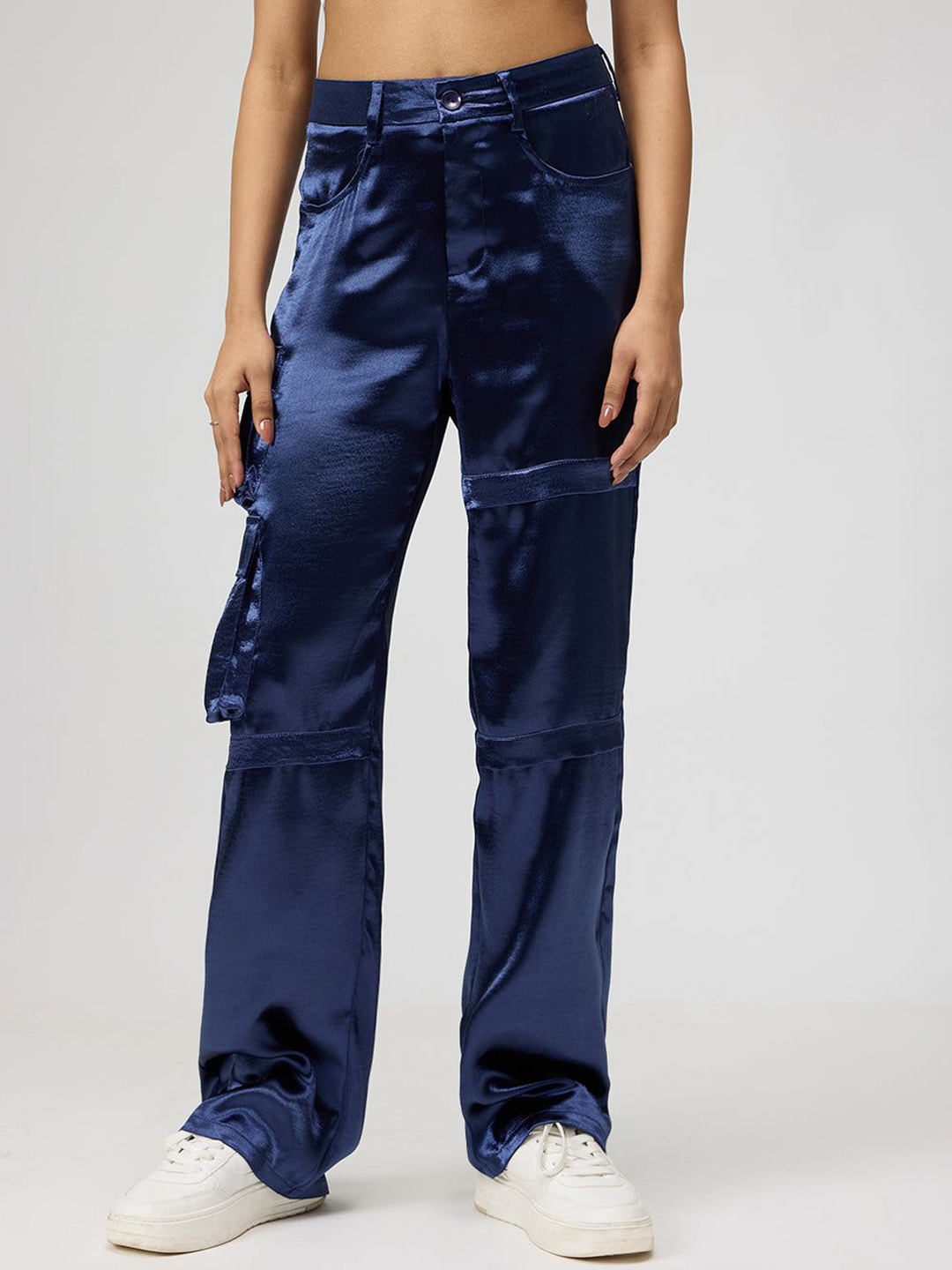 

FREAKINS Women Straight Fit High-Rise Cargos Trousers, Blue