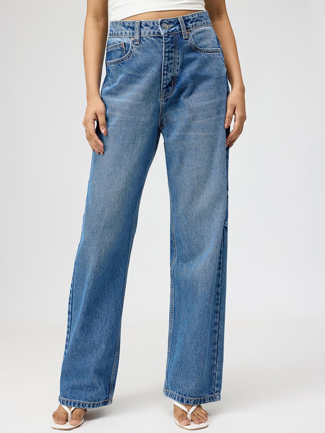 

FREAKINS Women Cotton Straight Fit High-Rise Light Fade Jeans, Blue