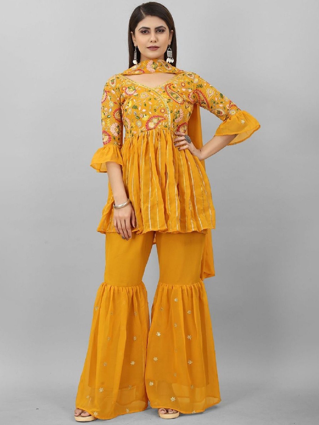

KALINI Floral Embroidered Pleated Thread Work Anarkali Kurti With Sharara & Dupatta, Yellow