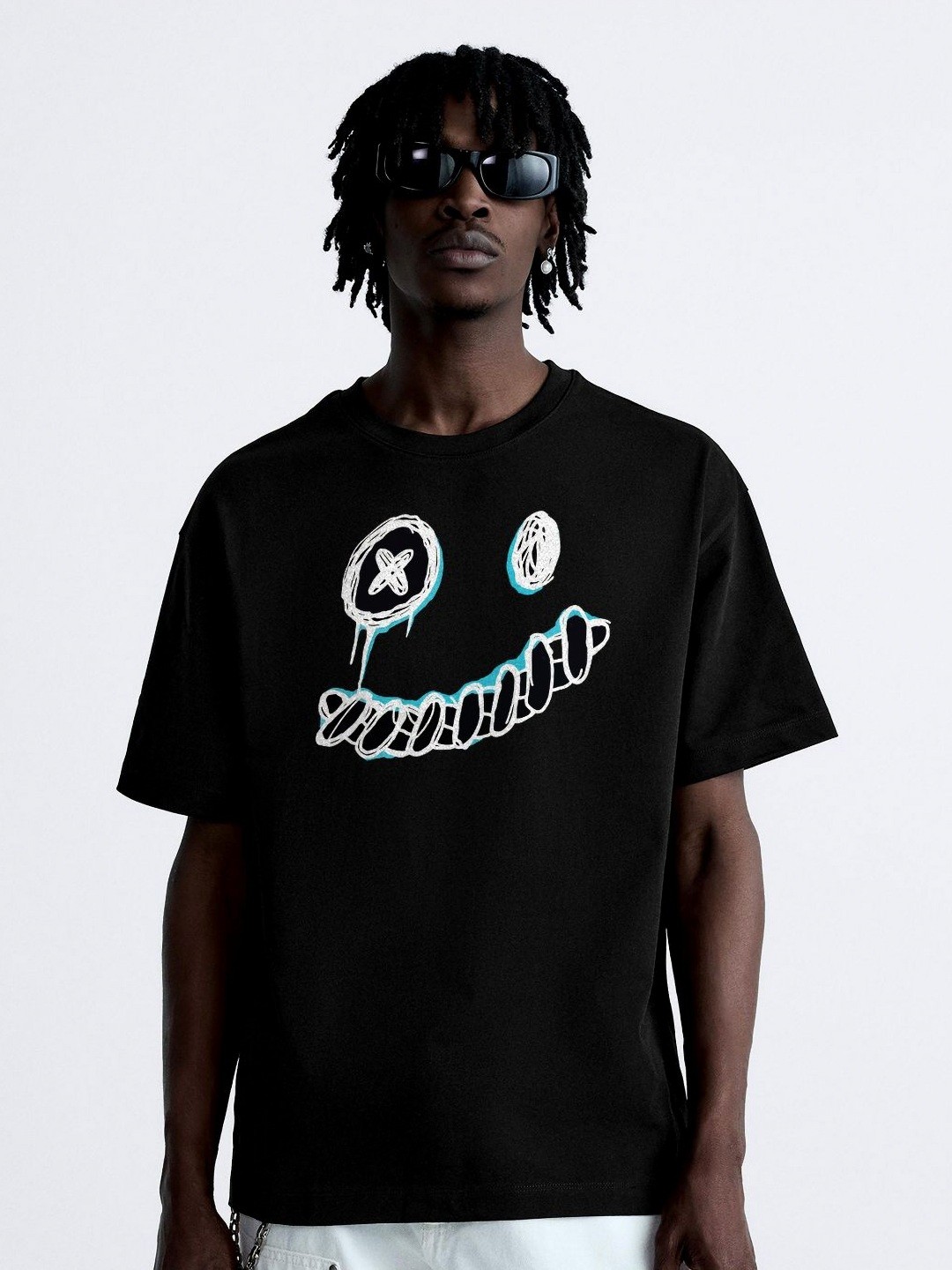 

OFFMINT Men Printed Round Neck Cotton Oversized T-Shirt, Black