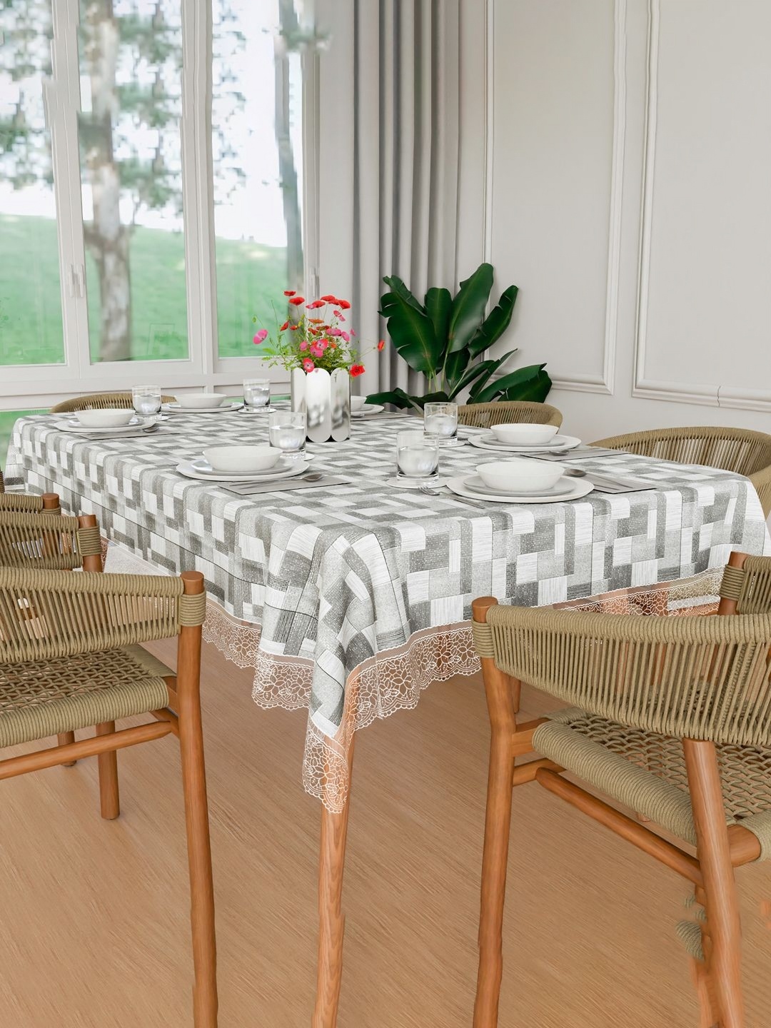 

Kuber Industries Grey & Black Geometric Printed Waterproof 6-Seater Table Cover