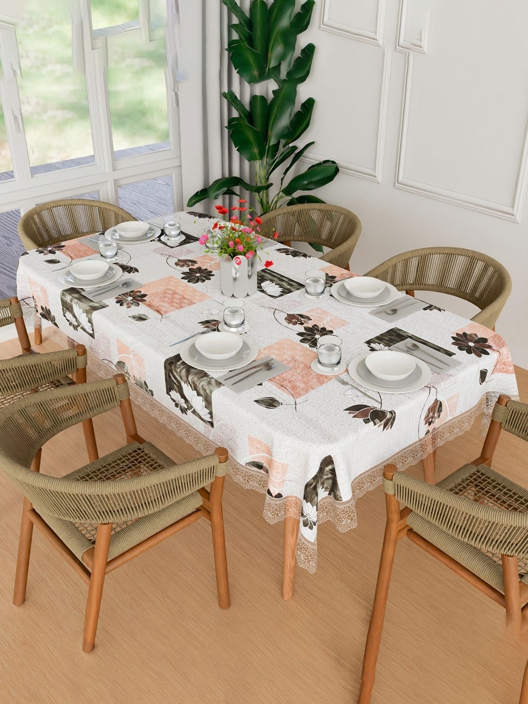 

Kuber Industries Cream & Peach Floral Printed Waterproof Plastic 6-Seater Table Cover