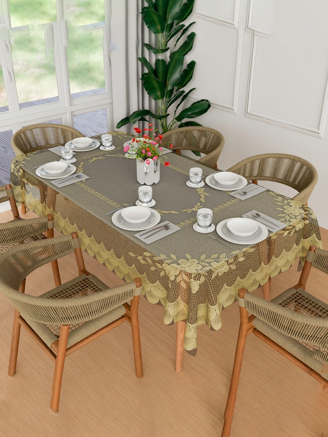 

Kuber Industries Cream & Brown Floral Printed Waterproof 6-Seater Table Cover