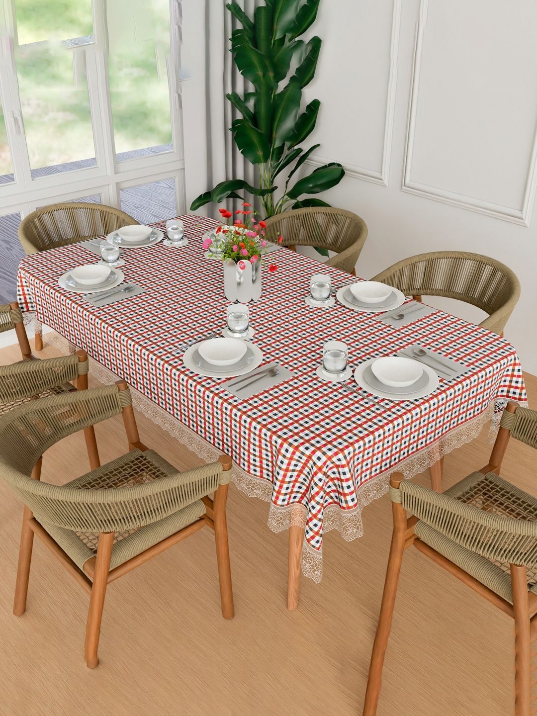 

Kuber Industries Red & White Geometric Printed Waterproof 6-Seater Table Cover